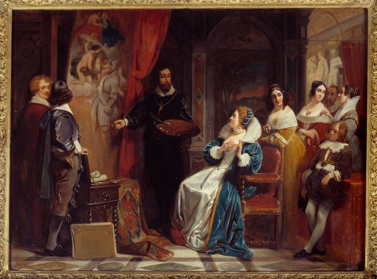 Francouzská královna Marie de Medicis (1573-1642) na návštěvě dílny malíře Pierra Paula (Pierre-Paul) Rubense (nebo Petra Pavla či Petruse Pauluse) (1577-1640). Obraz Claudia Jacquanda (1804-1878) od Claude Jacquand