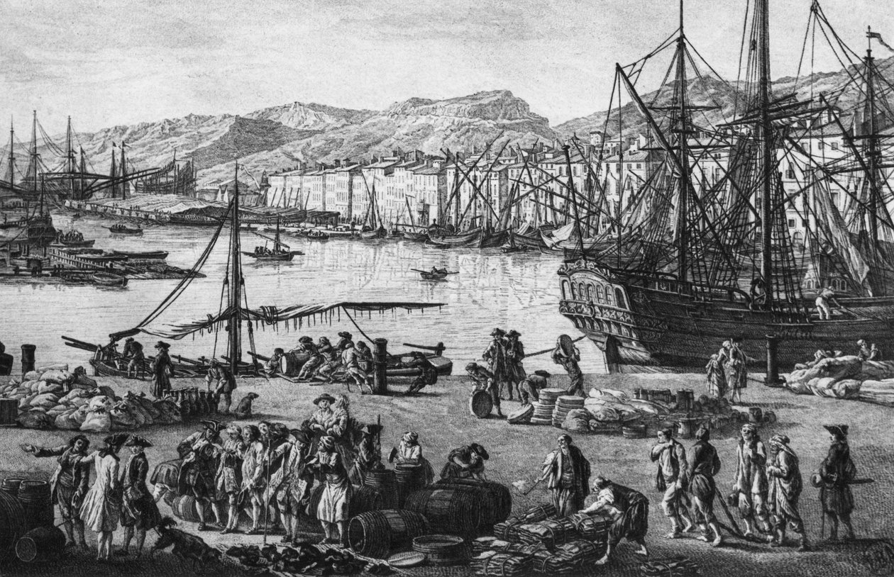 Starý přístav v Toulonu, viděno z proviantních obchodů, série „Les Ports de France“, vyryté Charlesem Nicolasem Cochinem mladším (1715-90) a Jacquesem Philippem Le Basem (1707-83) 1762 (detail na levé straně) ( viz také 382970, 382972) (lept) od Claude Joseph (after) Vernet