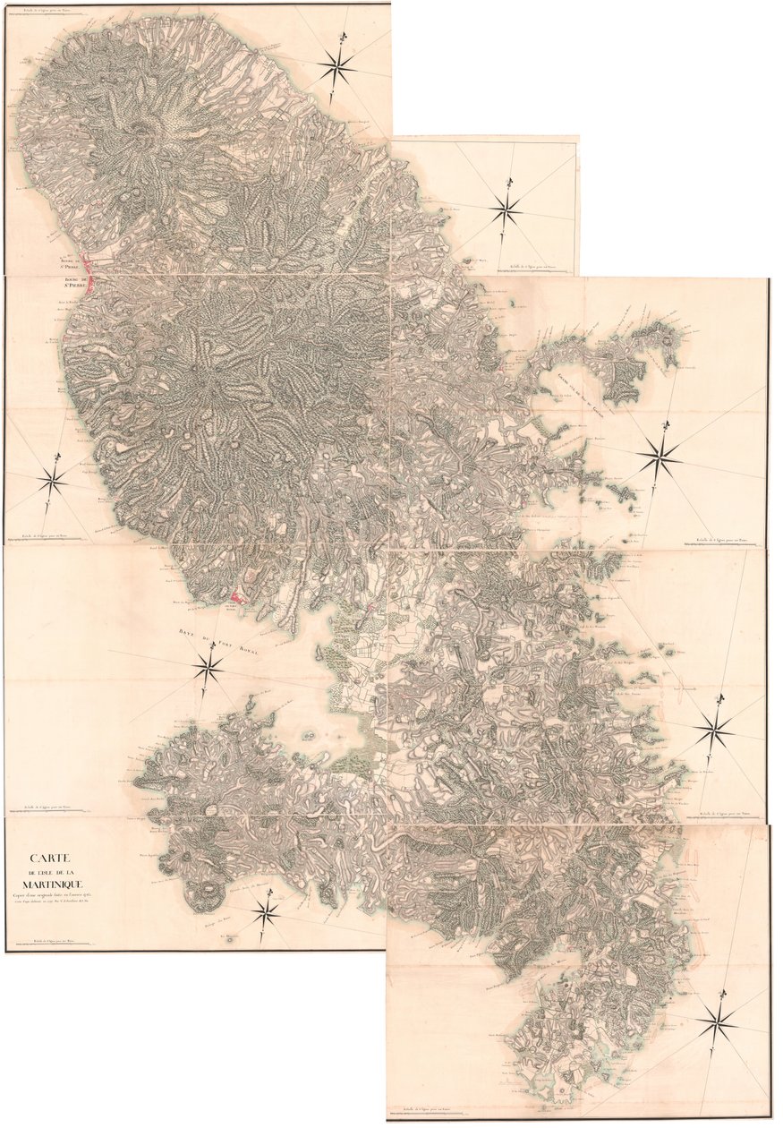 Mapa ostrova Martinik, zkopírovaná z originálu vyrobeného v roce 1763. Tato kopie nakreslená v roce 1797 C. J. Sauthierem ve věku 60 let. od Claude Joseph Sauthier