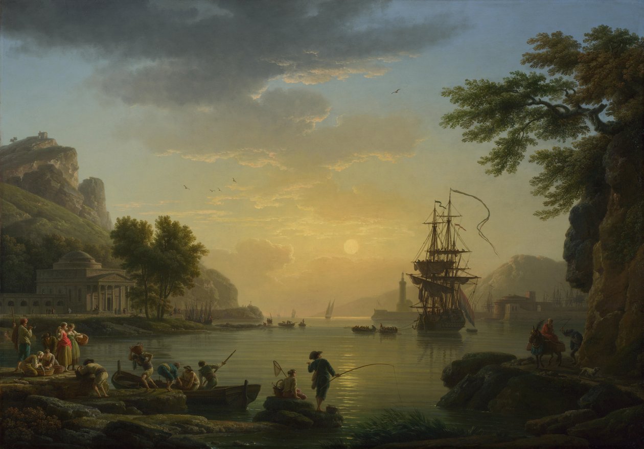 Krajina při západu slunce s rybáři vracejícími se se svým úlovkem, 1773 od Claude Joseph Vernet