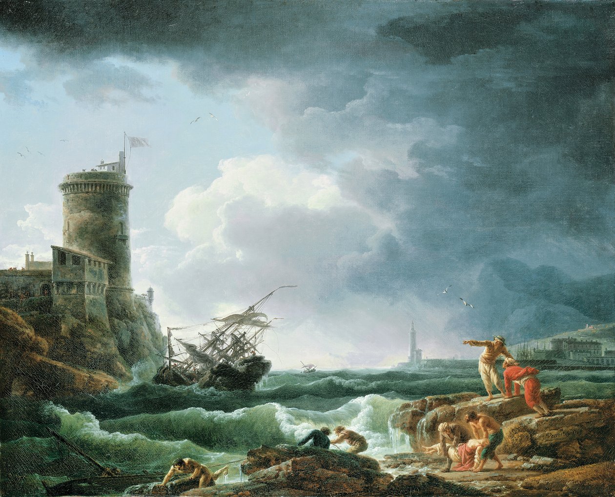 Bouře se ztroskotáním u pevnosti, trosečník v popředí, 1769 od Claude Joseph Vernet
