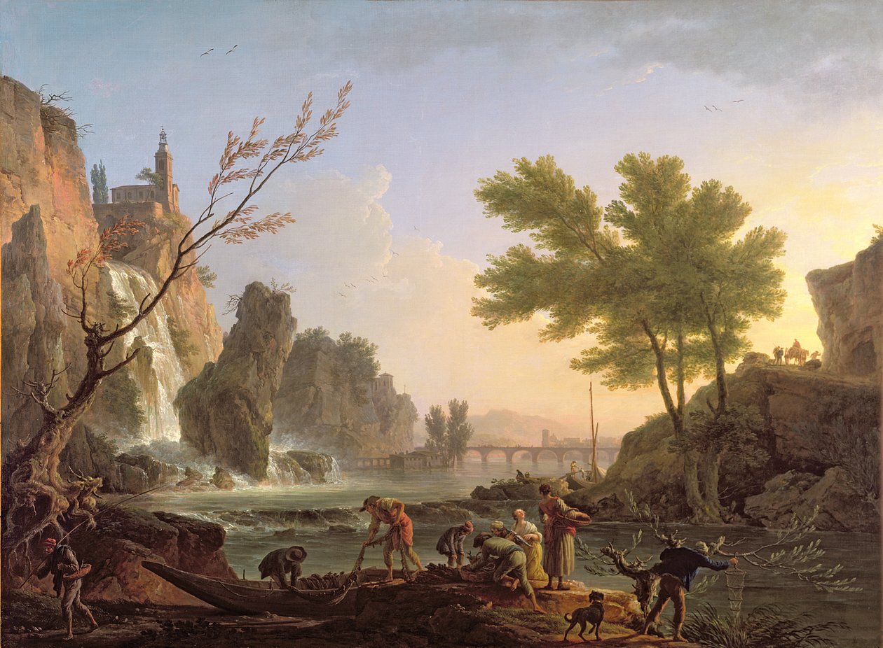 Rybář v krajině s kaskádou a mostem od Claude Joseph Vernet