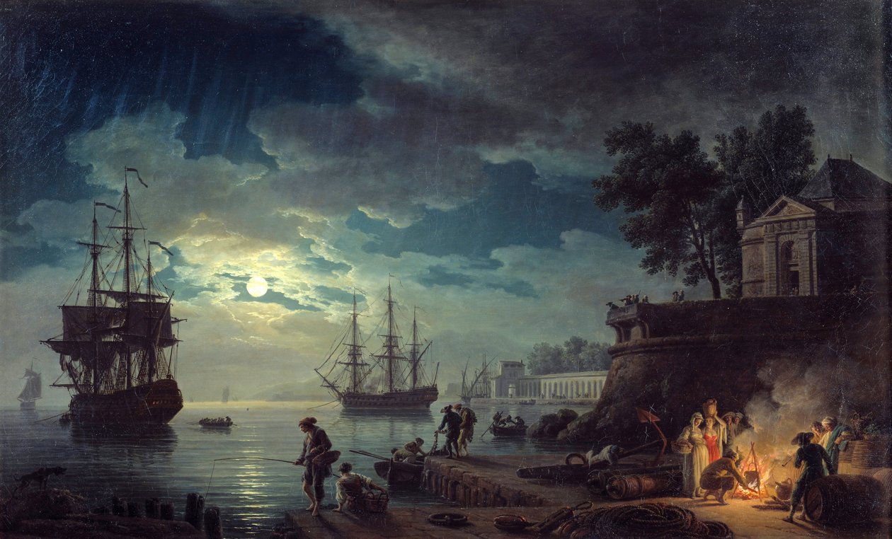 Měsíční rybolov Noční pohled na přístav s muži, kteří dělají táborák. Obraz Joseph Vernet od Claude Joseph Vernet