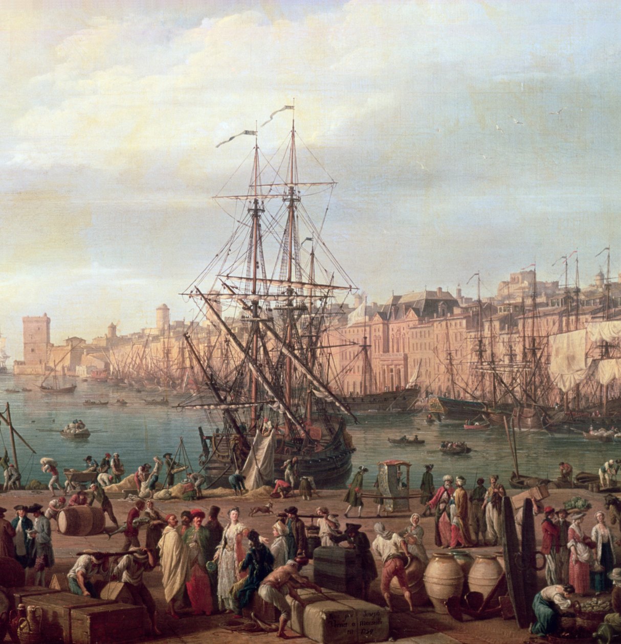 Ranní pohled na vnitřní přístav Marseille a pavilon Horloge du Parc, 1754 (detail 156103) od Claude Joseph Vernet