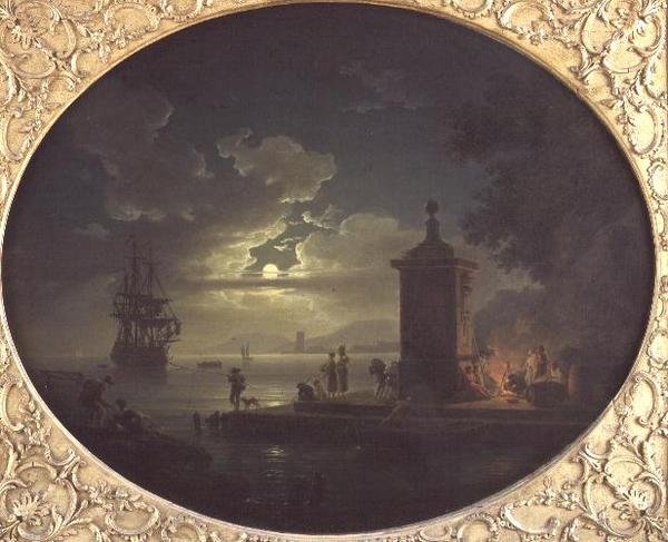 Noc: Měsíční pobřežní krajina s Fisherfolk u ohně na nábřeží, Man of War za ním od Claude Joseph Vernet