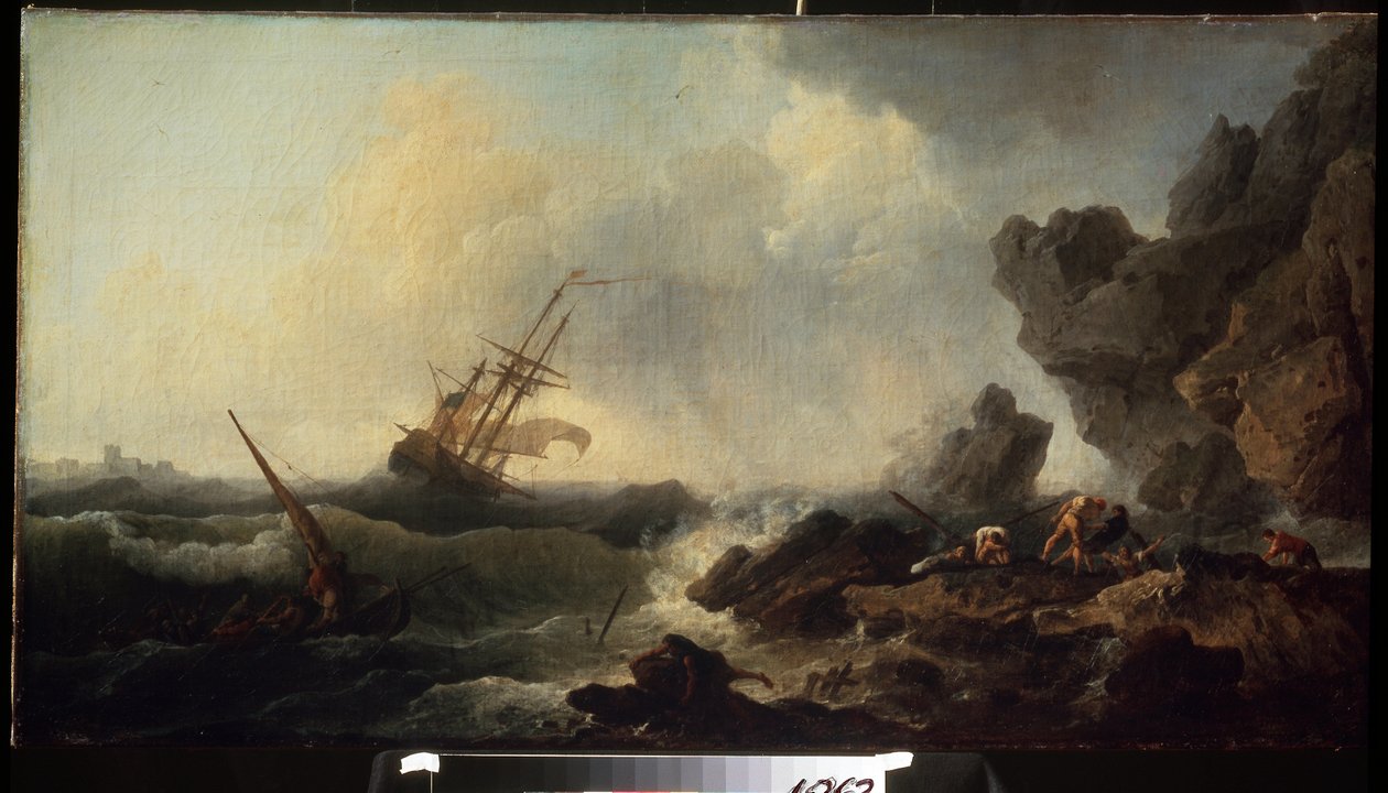 Bouře na moři. Obraz Clauda Josepha Verneta (1714-1789). Olej na plátně, 58 x 107 cm. Francouzská škola 18. století. Puškinovo muzeum výtvarných umění, Moskva. od Claude Joseph Vernet