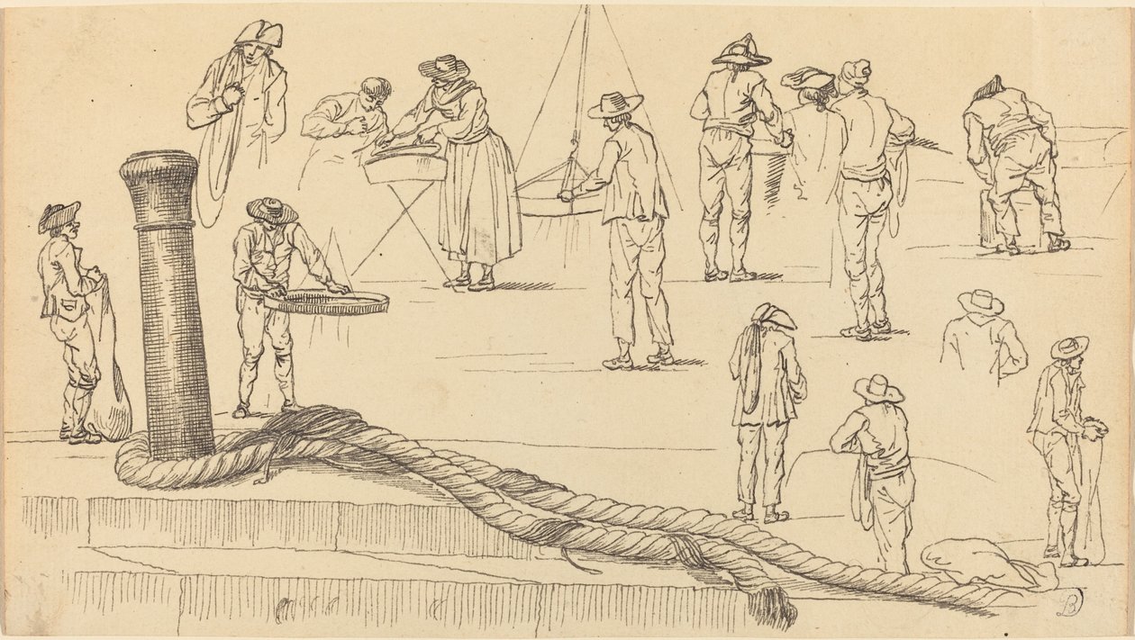 Figurky na nábřeží a délka lana připojeného k patníku od Claude Joseph Vernet