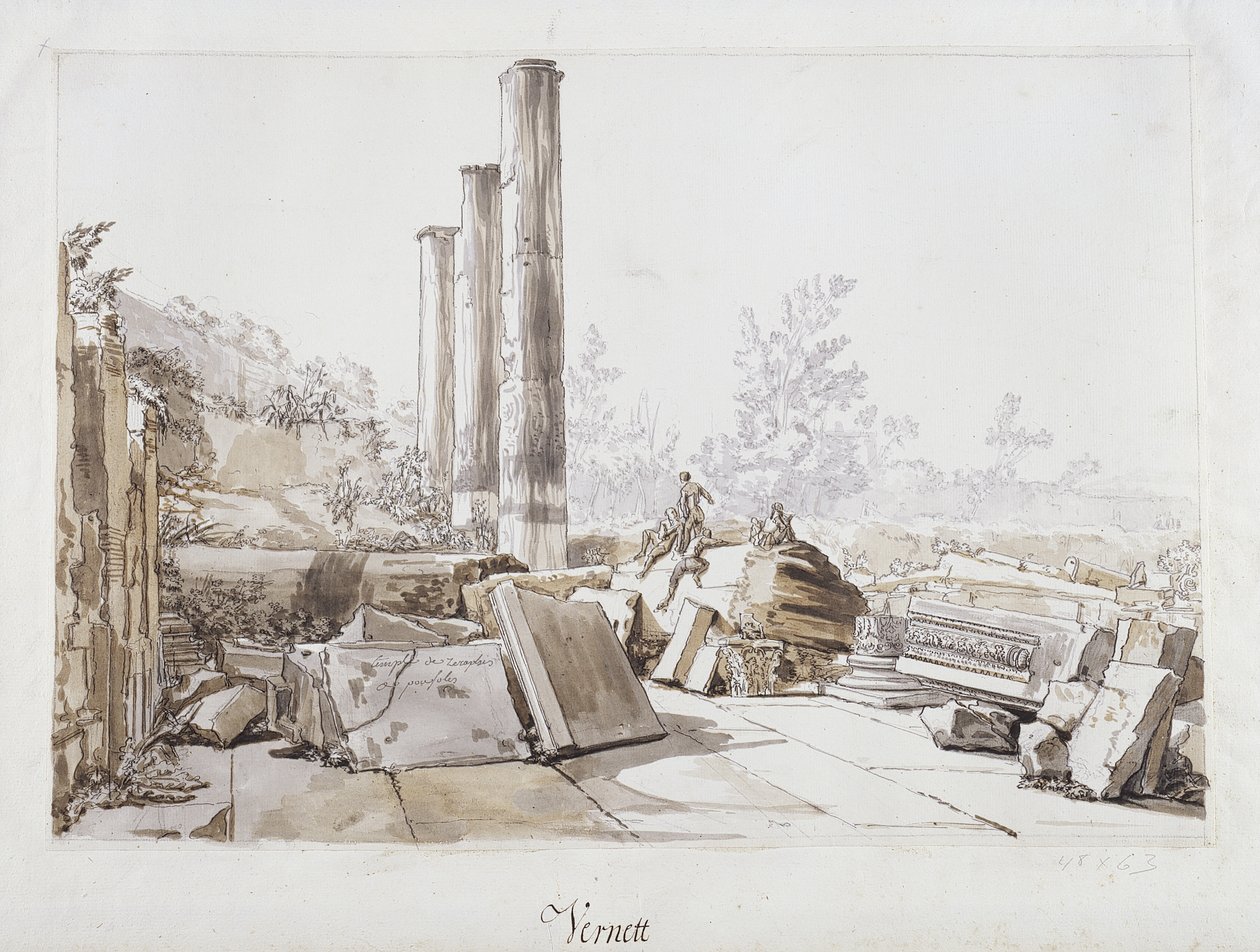 Ruiny chrámu Serapis v Pozzuoli, 1750 (pero a inkoust a omyjte černou křídou na papíře) od Claude Joseph Vernet