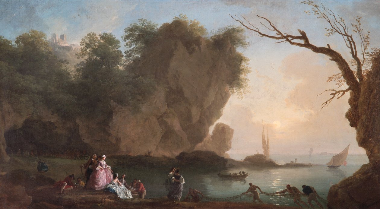 Západ Slunce: Pohled Přes Zátoku S Postavami od Claude Joseph Vernet