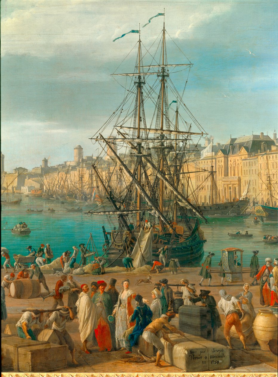 Přístav Marseille v 18. století Detail představující vykládku zboží. Obraz Josepha Verneta (1714-1789) Paříž 18. století. Námořní muzeum od Claude Joseph Vernet