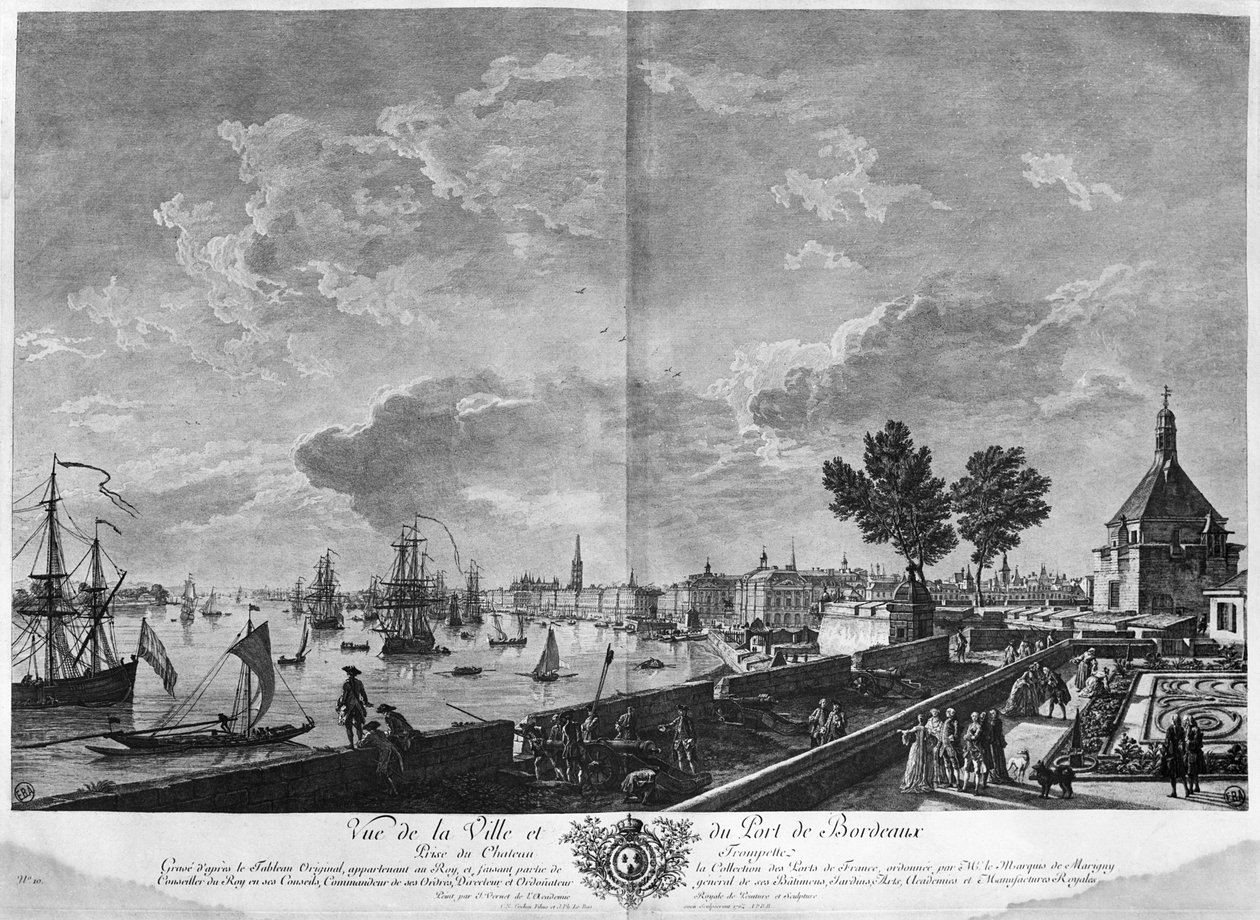 Pohled na město a přístav Bordeaux z Chateau Trompette, série "Les Ports de France", vyryté Charlesem Nicolasem Cochinem mladším od Claude Joseph Vernet