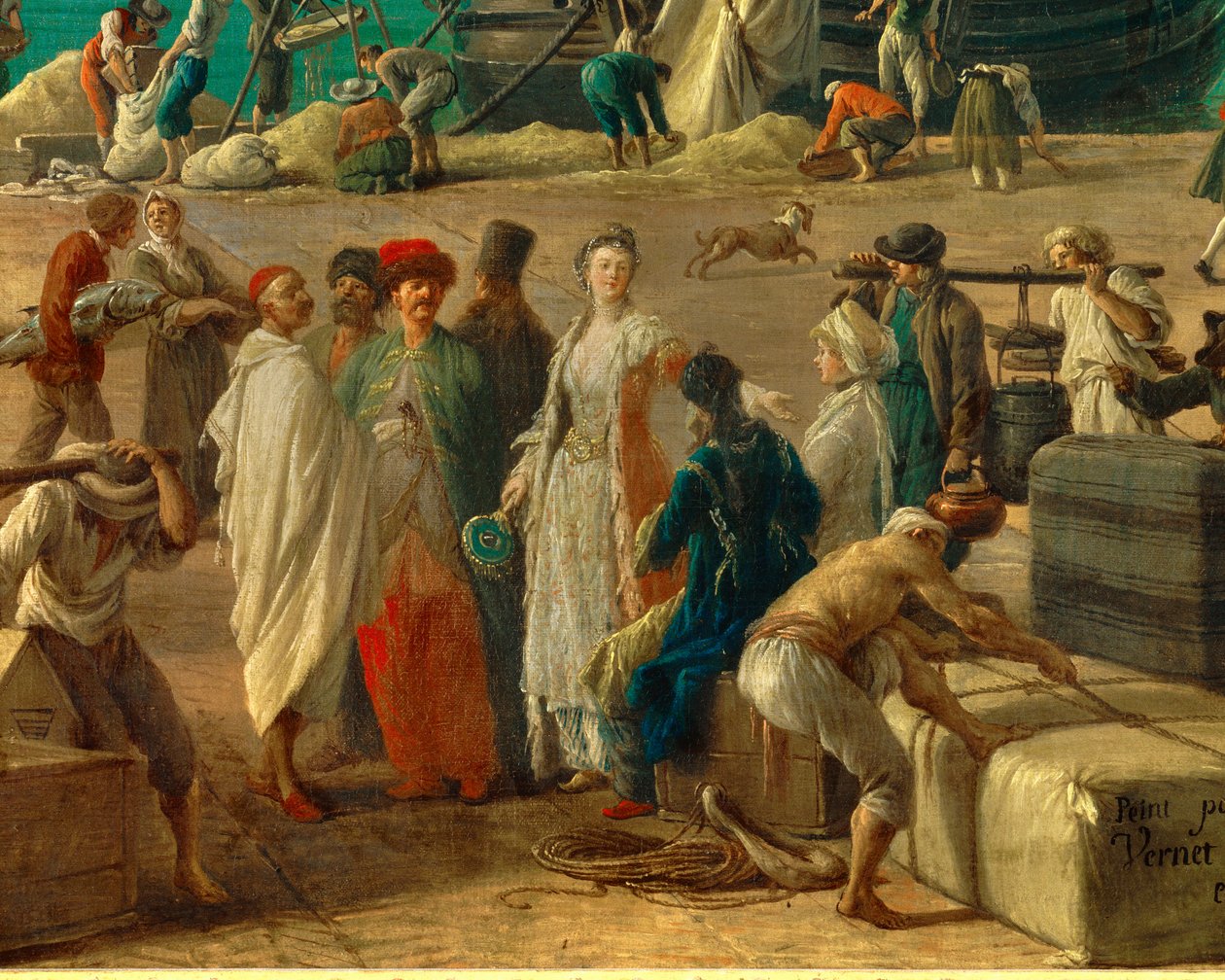 detail: Přístav Marseille v 18. století”” Detail představující vykládku zboží. Obraz Josepha Verneta (1714-1789) Paříž 18. století. Námořní muzeum od Claude Joseph Vernet