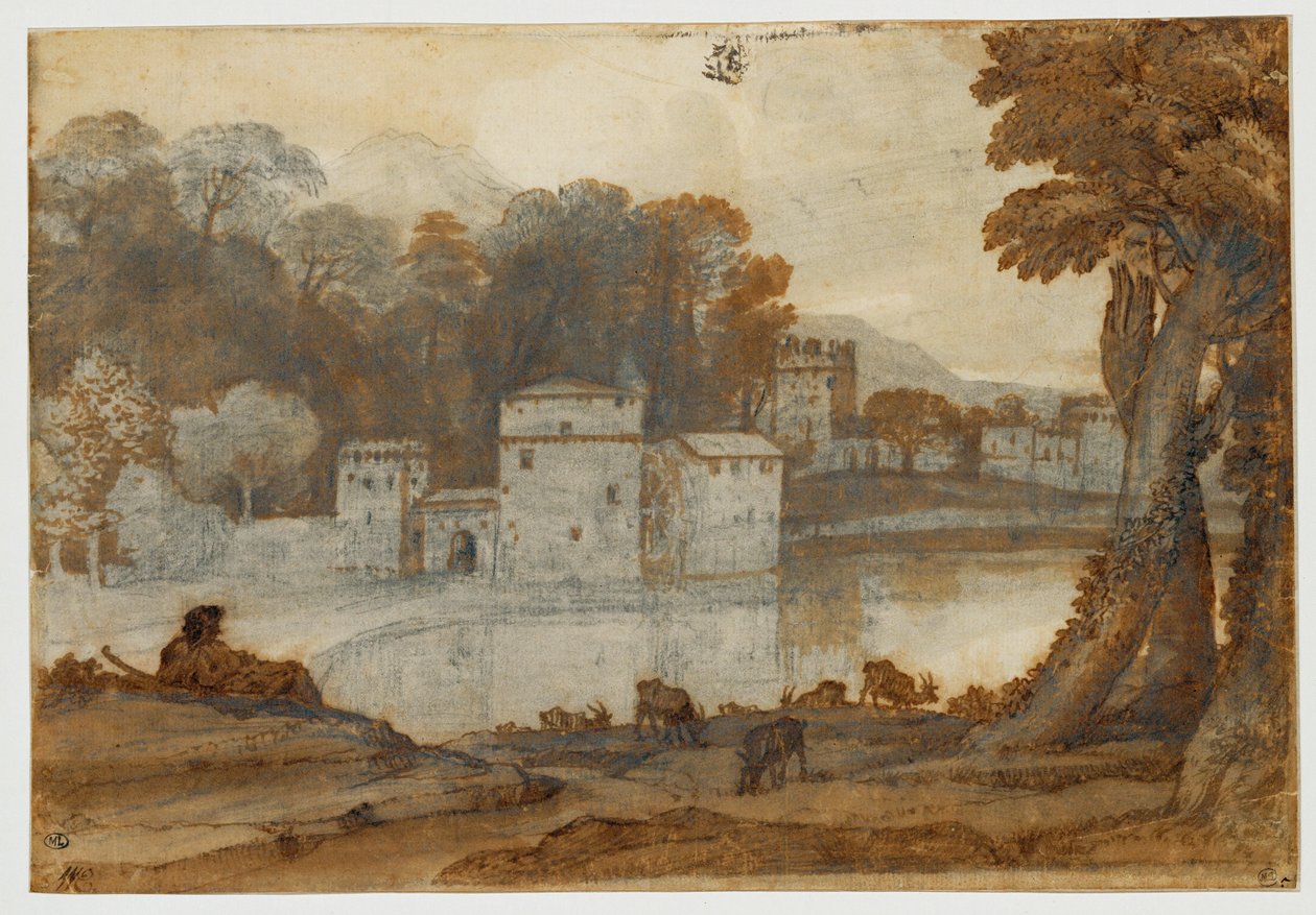 Pastýř u jezera poblíž opevněného mlýna... od Claude Lorrain (1600 82)