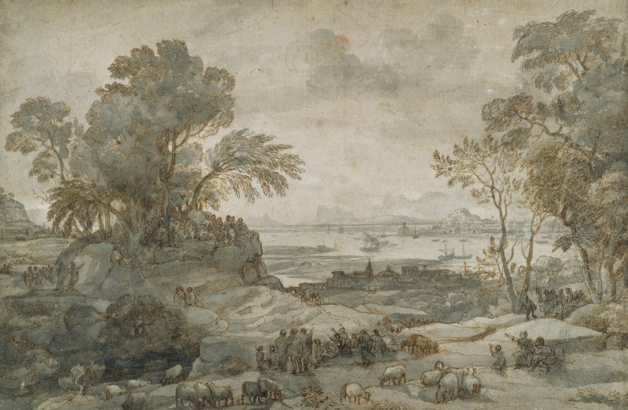 Krajina s Kristem, který káže kázání na hoře (pero a hnědý inkoust s šedou barvou na papíře) od Claude Lorrain