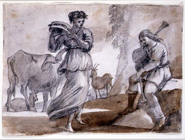 Venkovský tanec (černá a červená křída a mytí na papíře) od Claude Lorrain