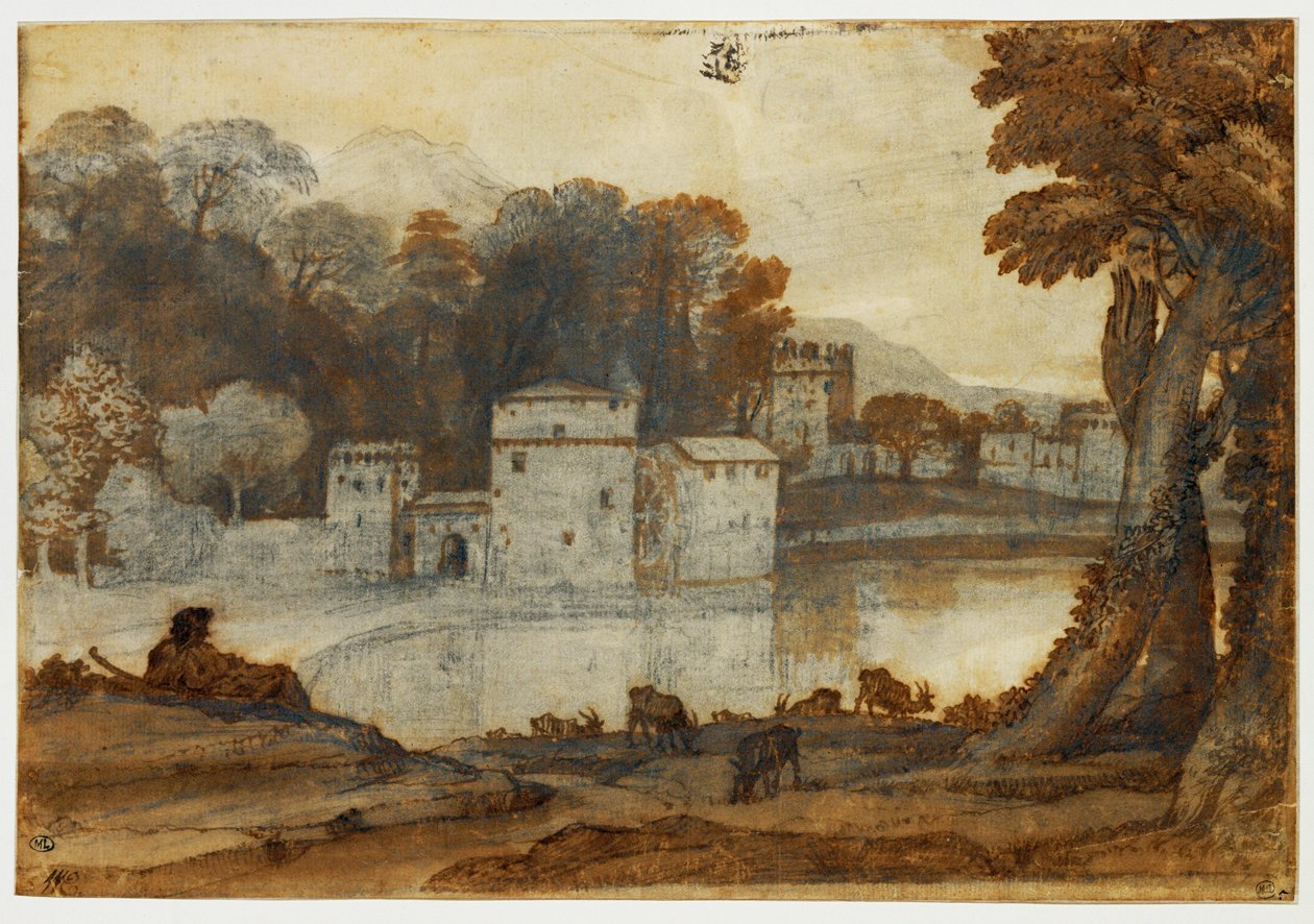 Pastýř u jezera poblíž opevněného mlýna ... od Claude Lorrain (1600 82)