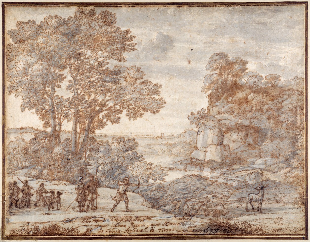 Ascanius střílí jelena Sylvie, kolem roku 1680 (pero a inkoust s perem na papíře) od Claude Lorrain