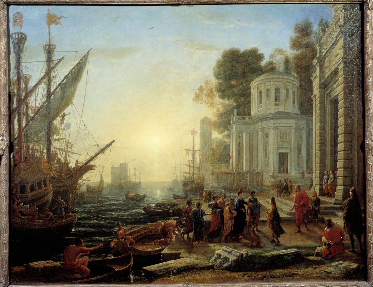 Odklizení z Kleopatry do Tarsu. Kleopatra, egyptská královna, se setkává s Marcem Antoinem v Tarsu (provincie Cilicia, Turecko) v roce 41 př.nl. Obraz Claude Gellee Dit Le Lorrain (1600-1682) od Claude Lorrain