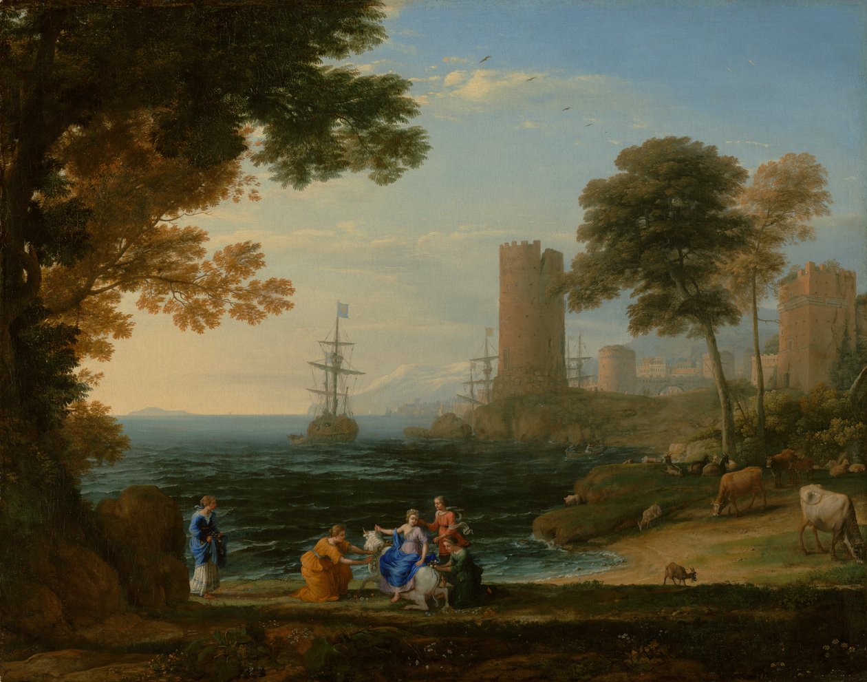 Pohled na pobřeží s únosem Evropy, cca 1645 (olej na plátně) od Claude Lorrain
