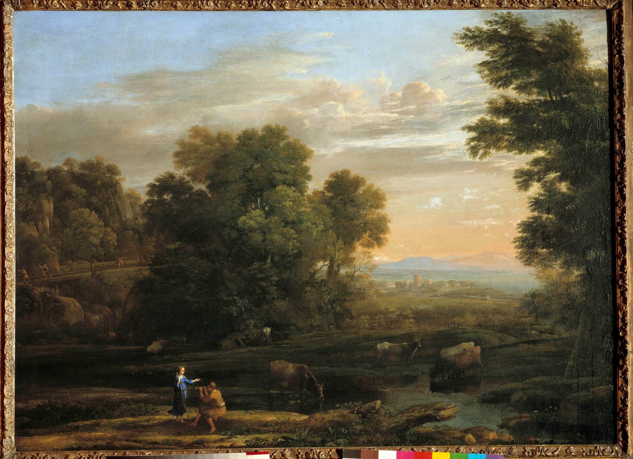 Krajina s pastýřem hrajícím na flažolet bukolické scény. Obraz od Clauda Gelleeho zvaný Lorrain (1600-1682) 17. století. Soukromá sbírka od Claude Lorrain
