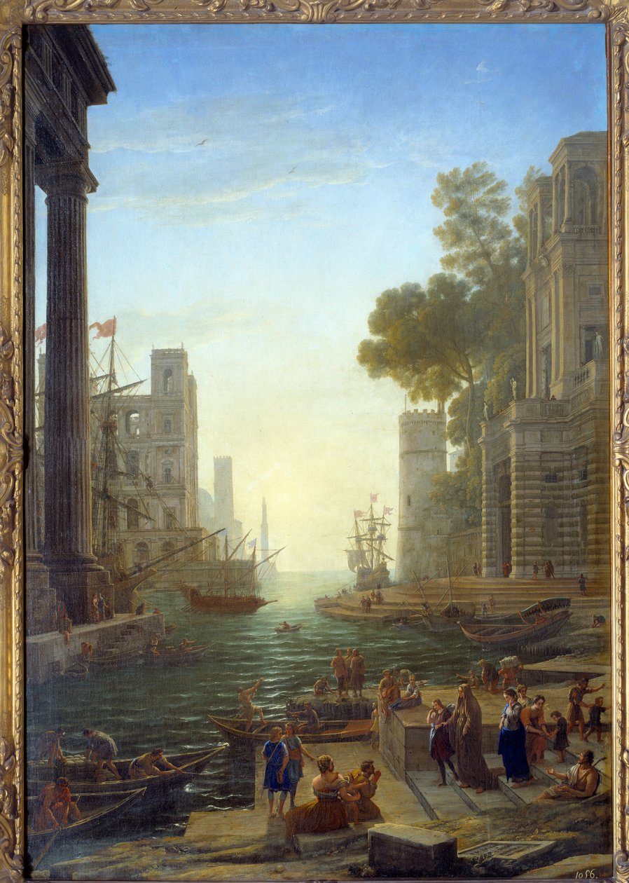 Krajina s lodí Saint Paula Romana v Ostia. Svatá Paula opouští své děti, aby cestovali do Svaté země. Plátno, 211 x 145 cm - Nástup ze Sainte Paule do Ostie. Sv. Pavla (347-404 nebo 407), římská vdova, učednice svatého Jeronýma. Obraz od Cl od Claude Lorrain