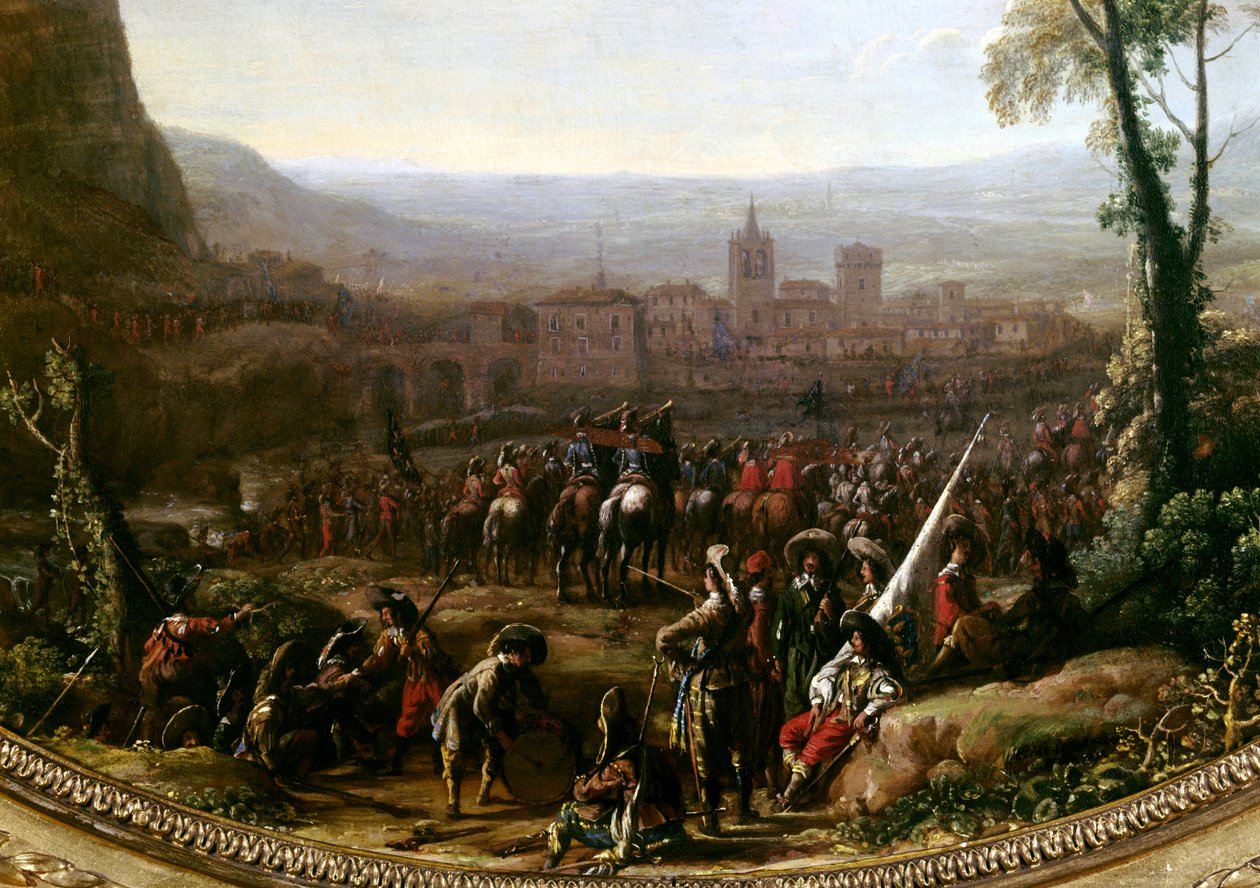 Ludvík XIII. (1601-1643) si vynutil Pas de Susa u Turína, bráněný silami vévody Savojského v roce 1629. Detail. Obraz Claude Gellee dit le Lorrain (1600-1682) Paříž, Musee du Louvre od Claude Lorrain