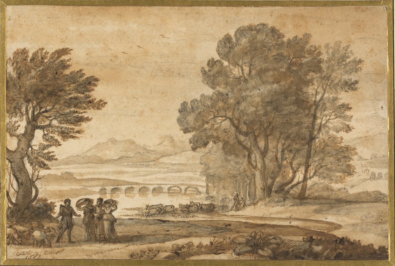 Zalesněná říční krajina s Jákobem, Lábanem a jeho dcerami od Claude Lorrain