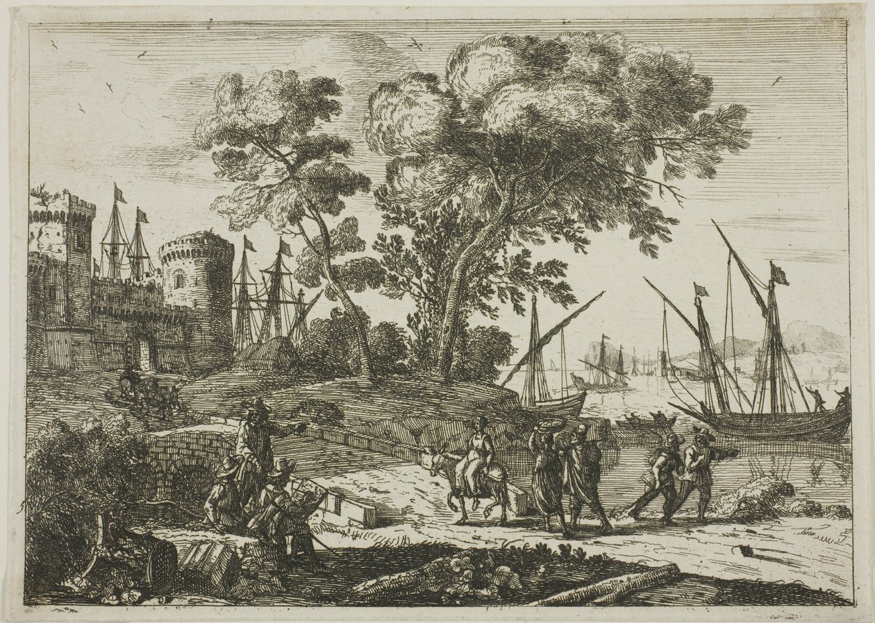 Pobřežní scéna s uměleckou kresbou od Claude Lorrain