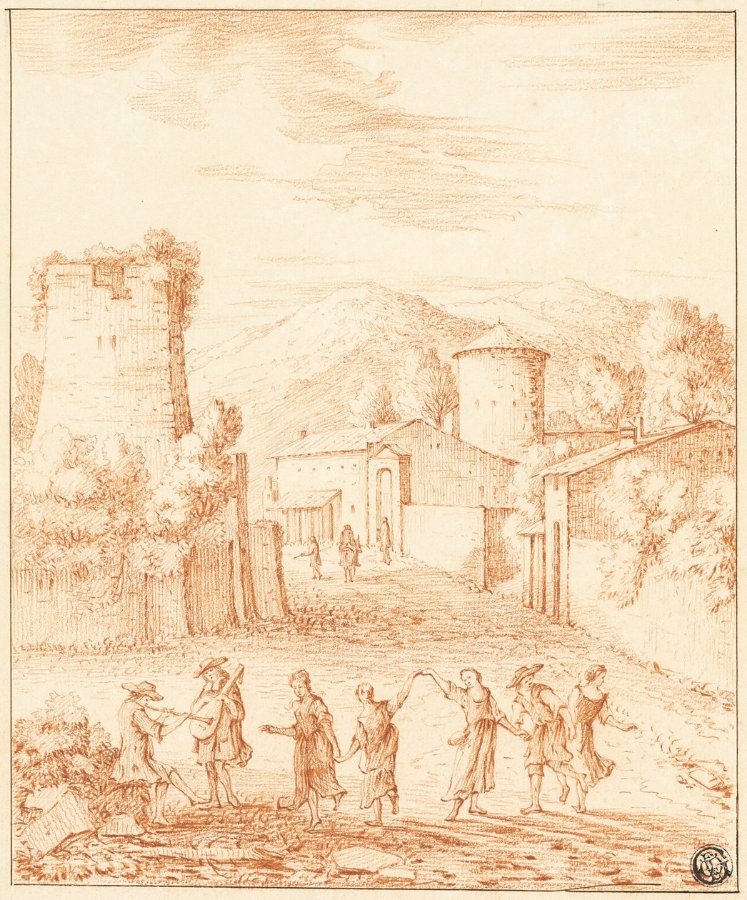 Tanečníci a hudebníci před vesnicí se zničenou věží od Claude Lorrain