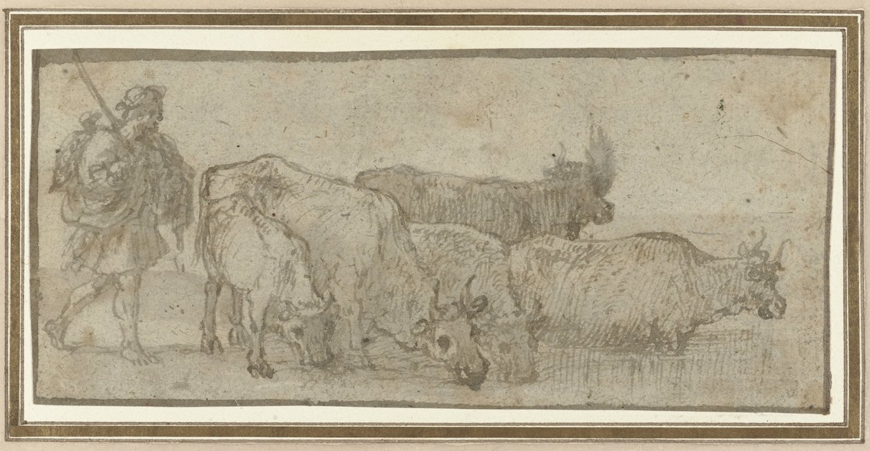 Pastýř se svým stádem skotu u vodního toku od Claude Lorrain