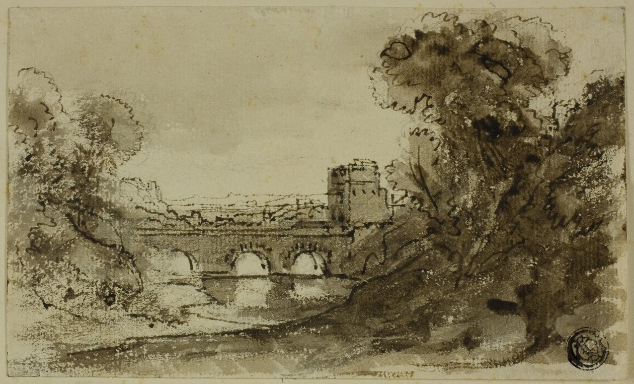 Italská říční krajina s mostem s věží od Claude Lorrain