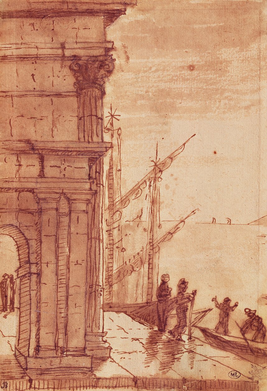 Přistávací plocha při východu slunce (pero, hnědá tuš, hnědá lazura a černá pastelka) od Claude Lorrain