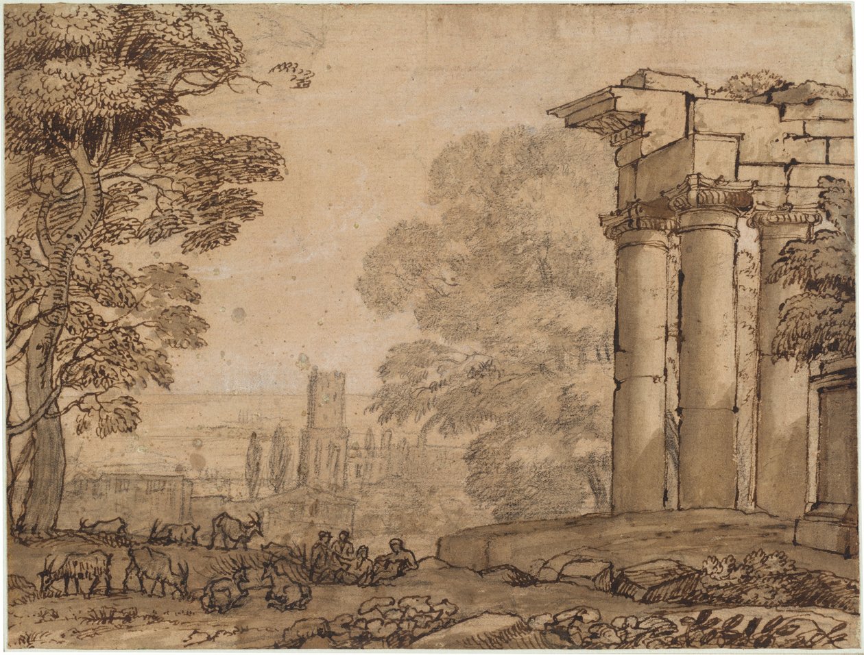 Krajina s ruinami, pasteveckými postavami a stromy od Claude Lorrain