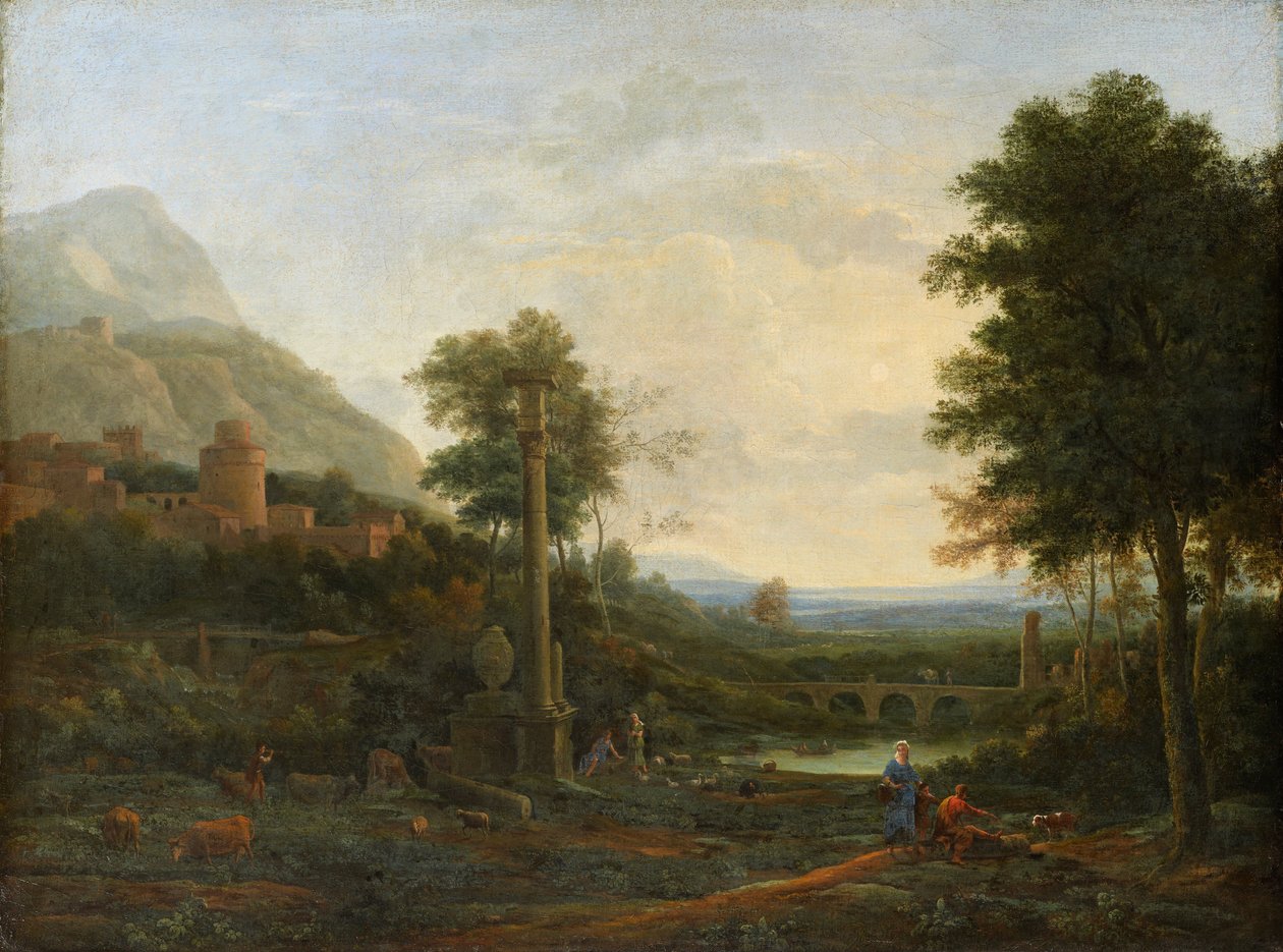 Krajina se sloupcem a postavami od Claude Lorrain