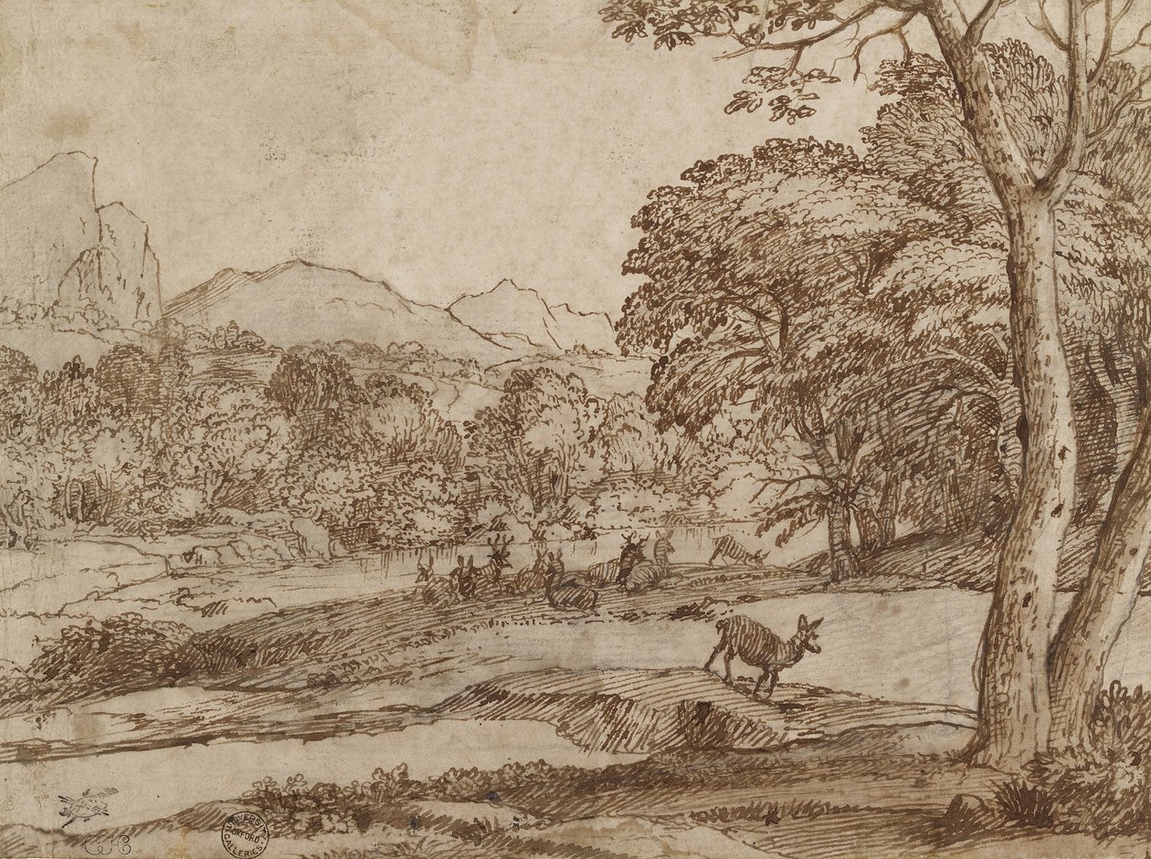 Krajina se stádem jelenů, 1666 (černá křída, třená, perem a hnědým inkoustem na špinavě bílém papíře) od Claude Lorrain