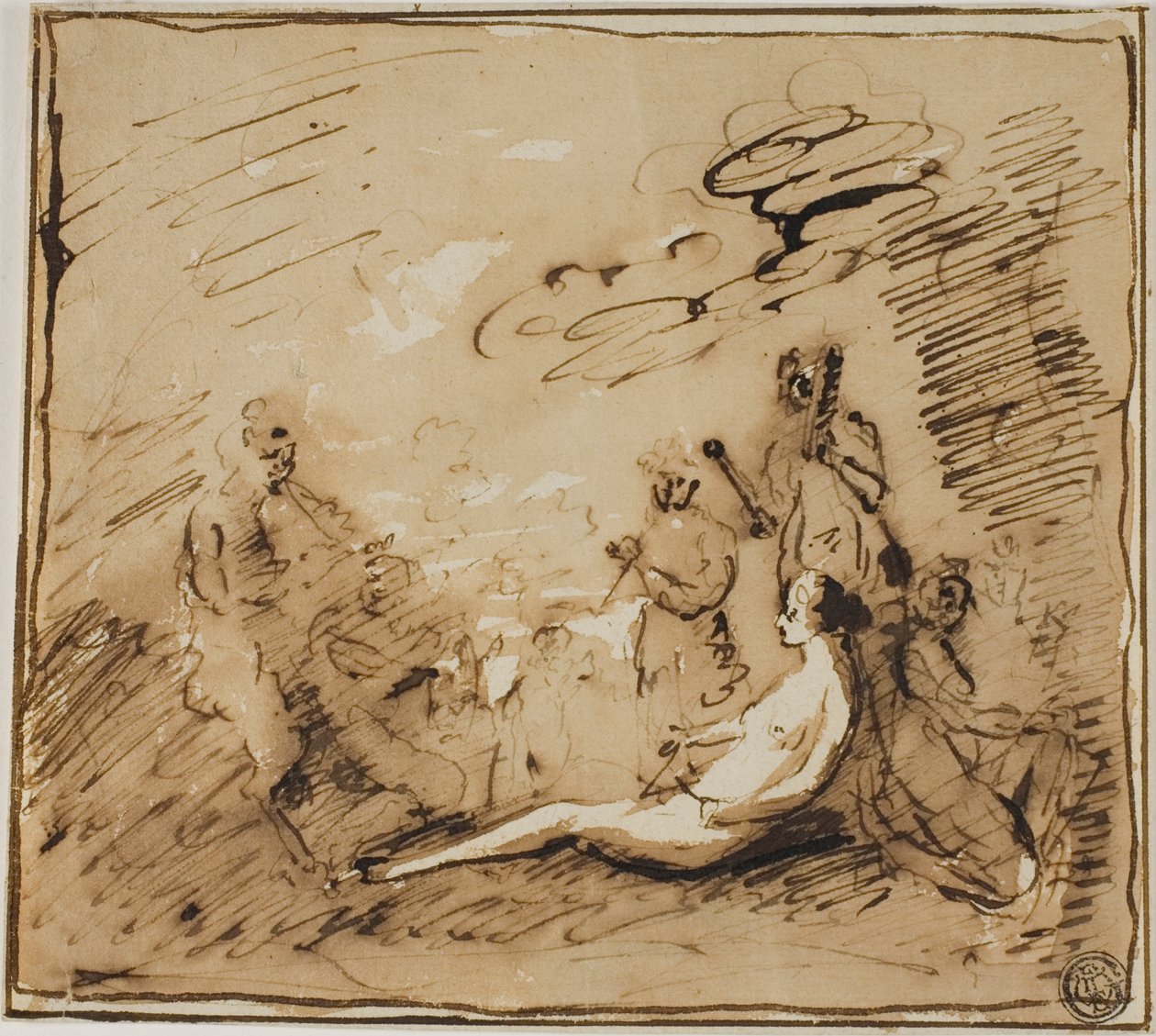 Nymfy a satyři hrající na hudební nástroje od Claude Lorrain
