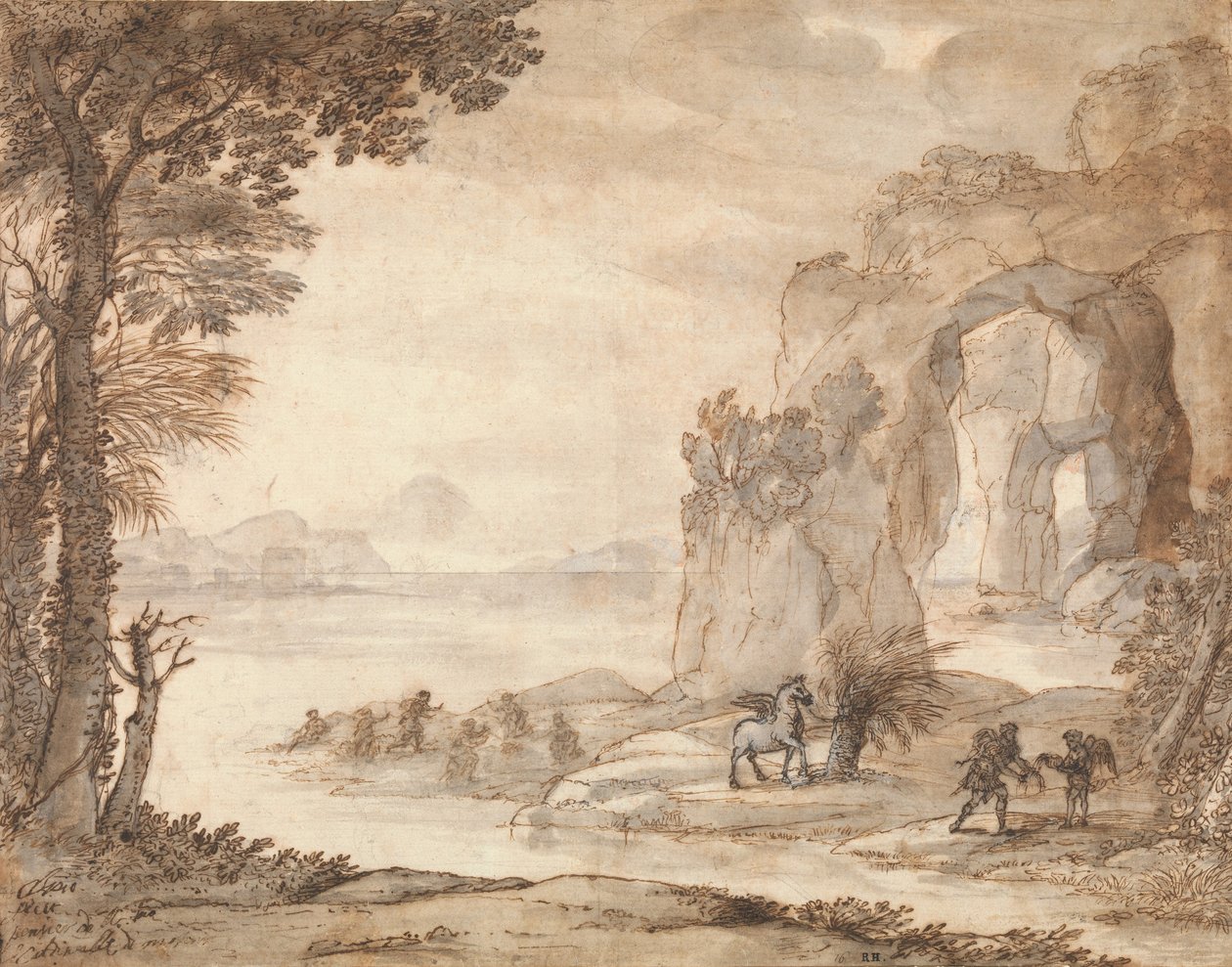 Perseus and the Origin of Coral, kolem roku 1671 (černá křída, sépie a černý inkoust, sépie a šedá barva s bílou) od Claude Lorrain