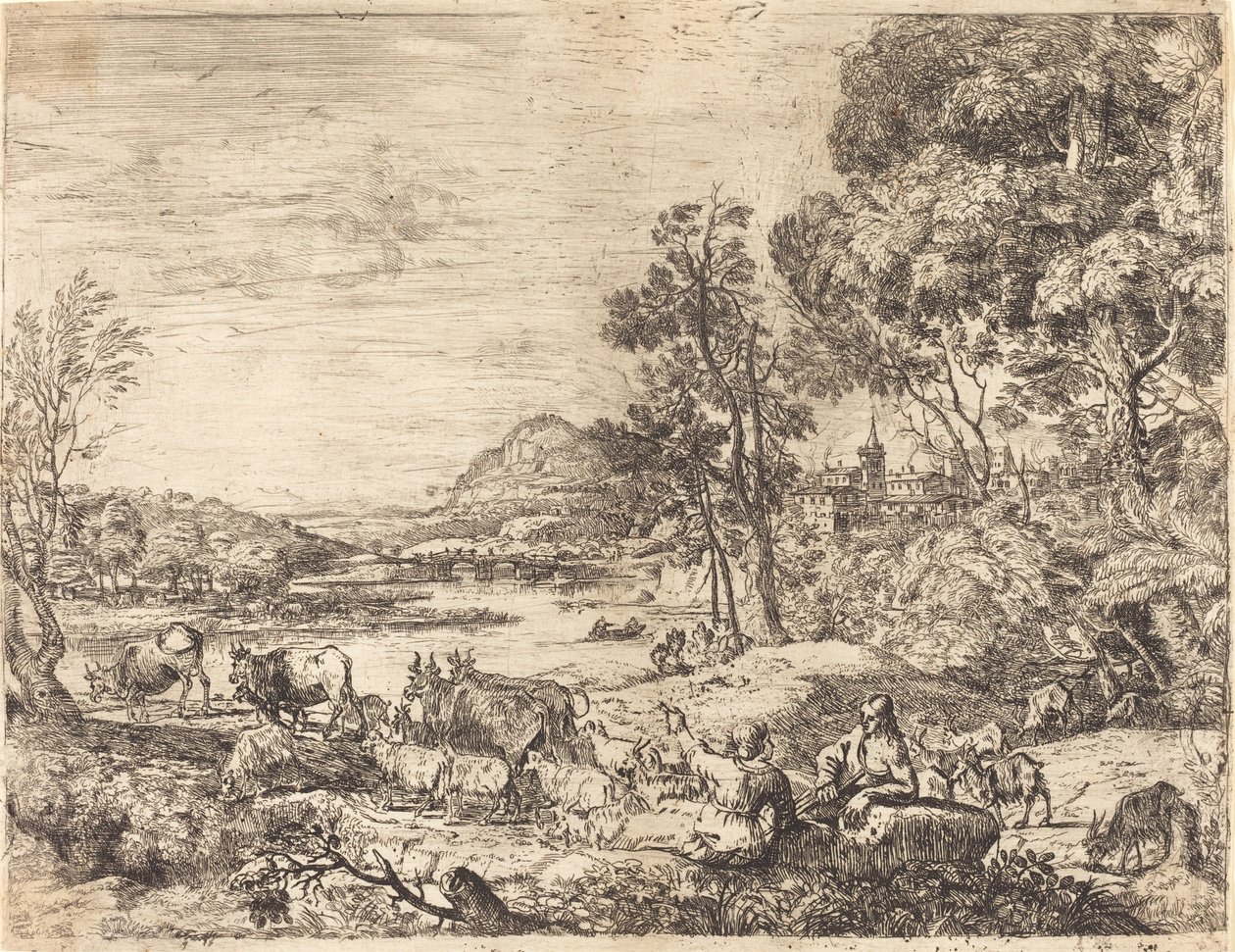 Pastýř a pastýřka konverzující v krajině (Berger et bergère conversant) od Claude Lorrain