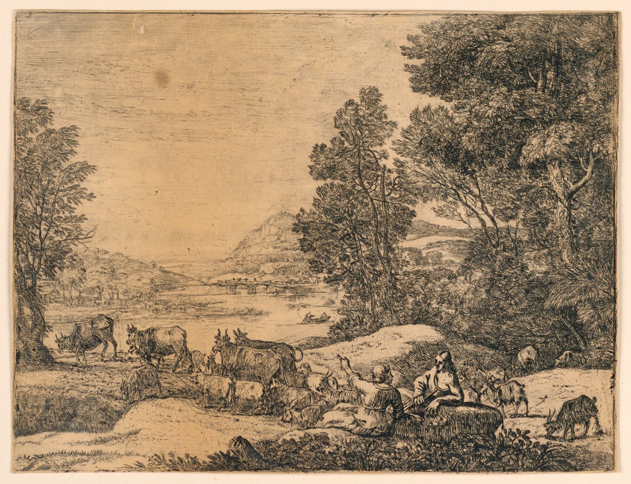 Pastýř a pastýřka konverzují v krajině od Claude Lorrain