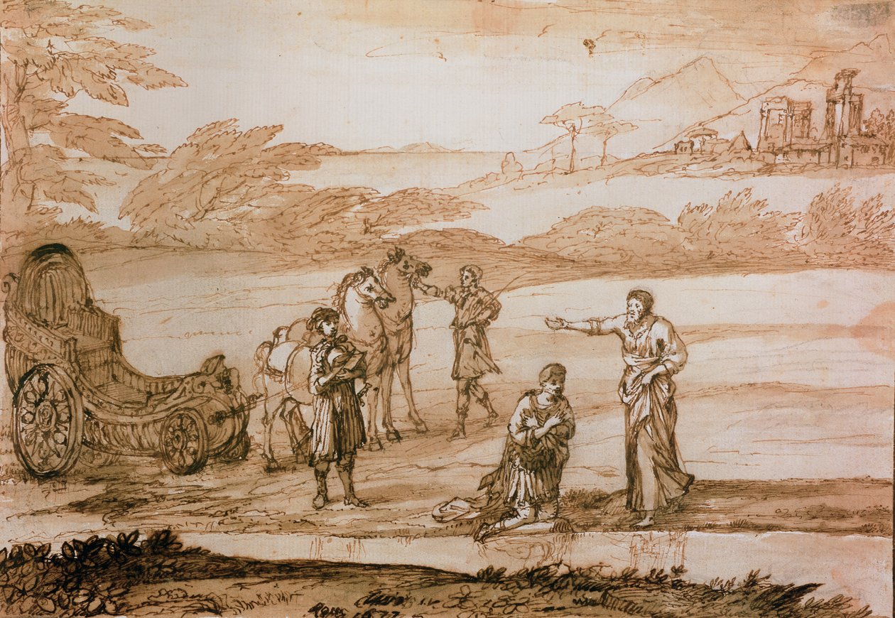 Sv. Filip křtí Eunucha, 1677 (inkoust a mytí na papíře) od Claude Lorrain