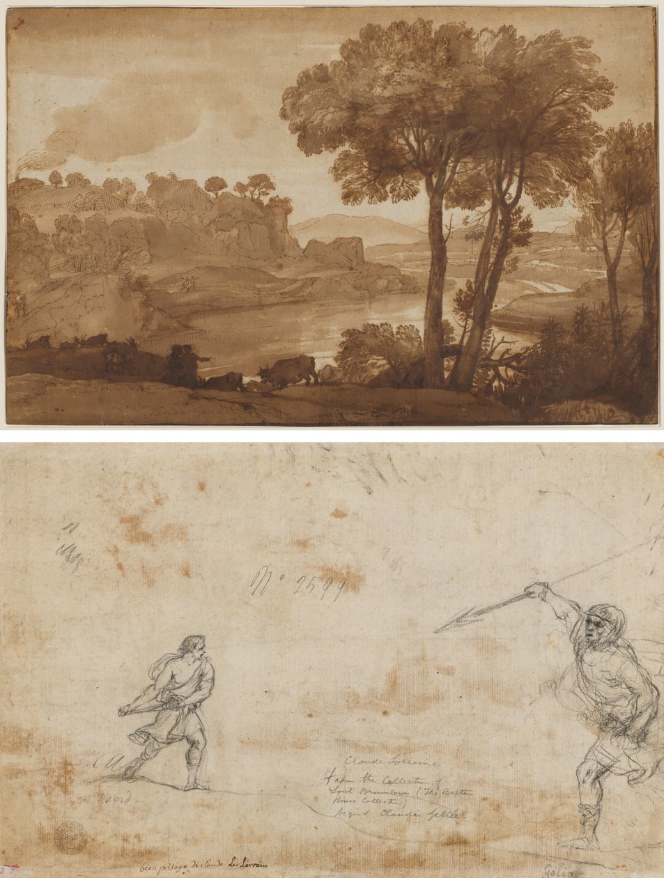 Pohled na Acqua Acetosa (recto); David a Goliáš (verze) od Claude Lorrain