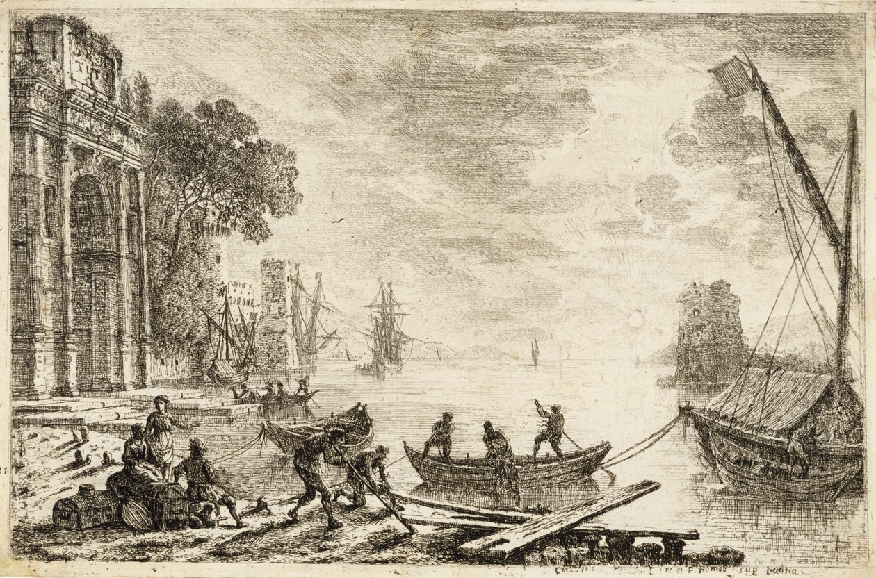 Přístavní scéna s vycházejícím sluncem, 1634 od Claude Lorrain