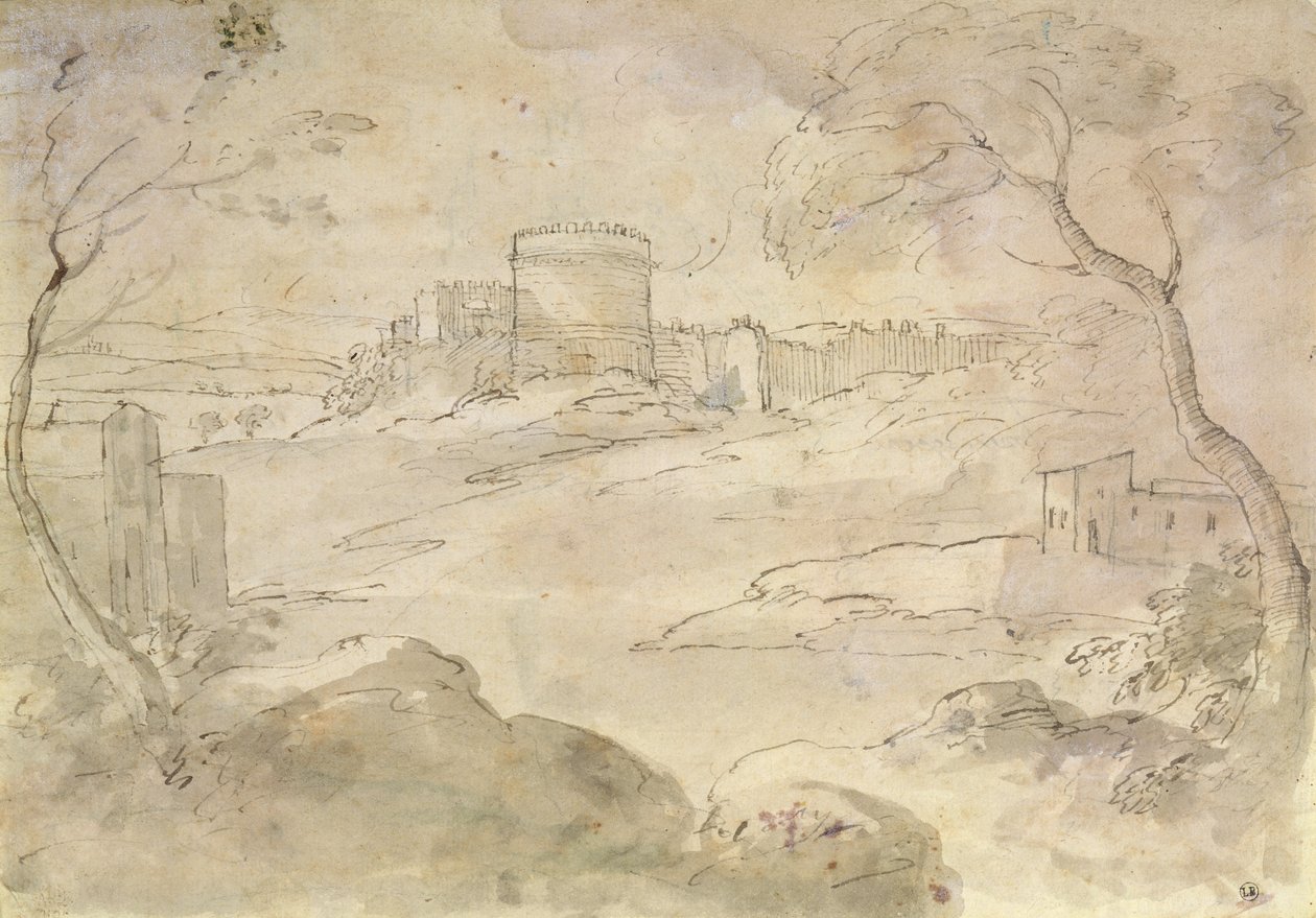 Krajina s opevněným městem (inkoust a mytí na papíře) od Claude Lorrain