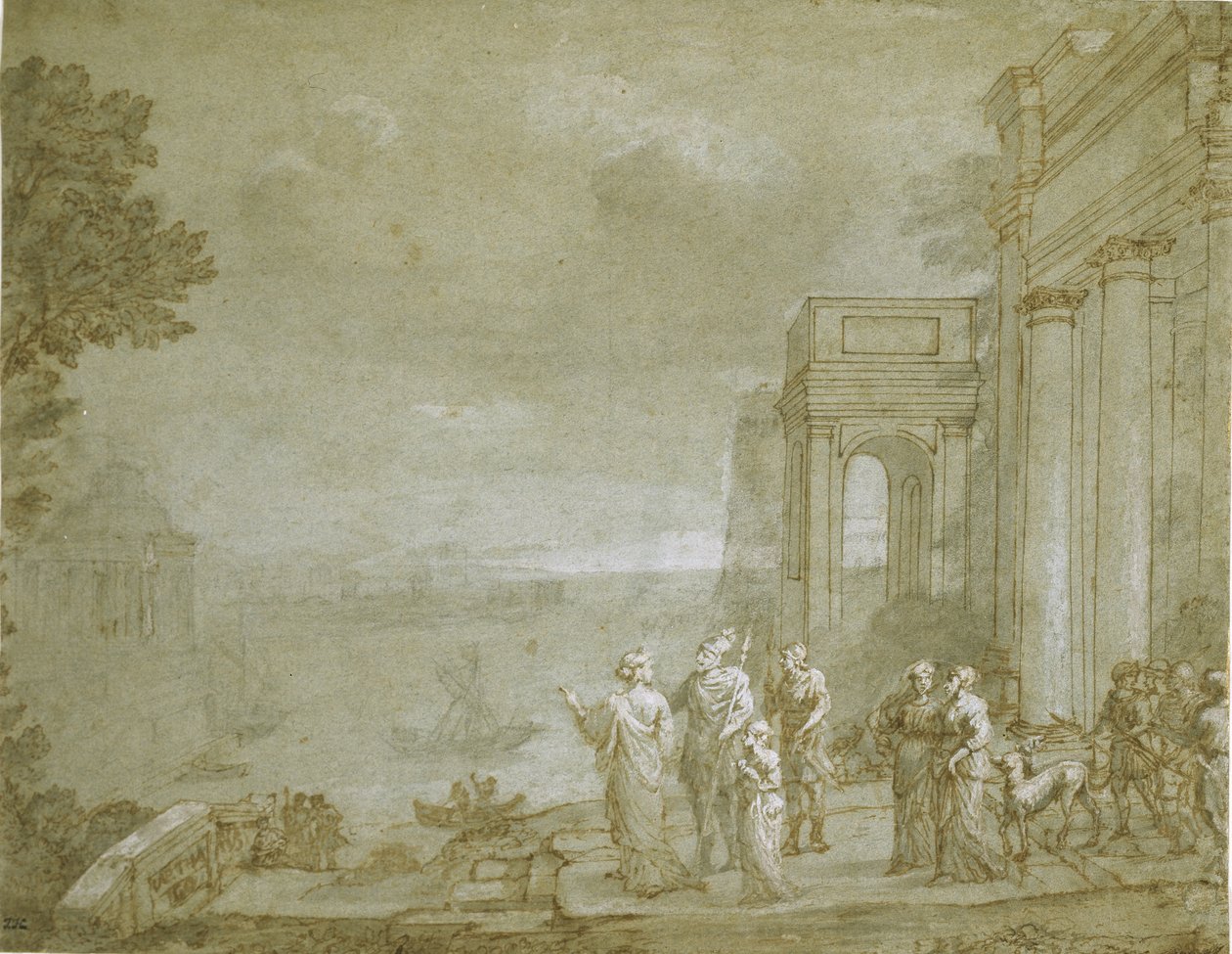 Pohled na Kartágo s Dido a Aeneem, 1676 (pero a inkoust s lavírováním a křídou, zvýrazněno bílou na papíře) od Claude Lorrain