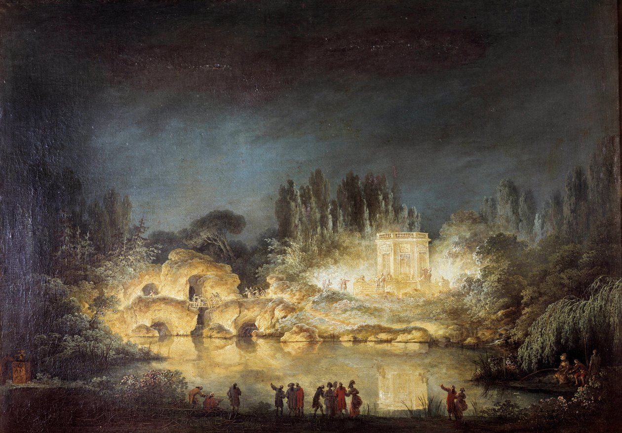Osvětlení pavilonu Belvedere v zahradách Peer Trianon ve Versailles během svátku pořádaného královnou Marií Antoinettou na počest svého bratra Josefa II. (1741-1790) v srpnu 1781. Obraz Claude Louis Chatelet (1753-1794) od Claude Louis Chatelet