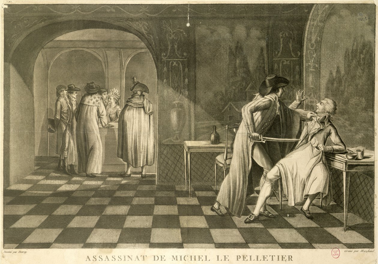 Atentát na zástupce Louis-Michel Le Peletier de Saint-Fargeau, 20. ledna 1793 od Claude Louis Desrais