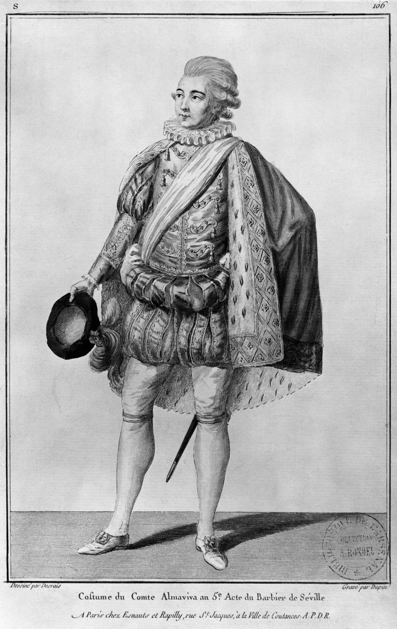 Hrabě Almaviva, ilustrace z V. dějství "Lazebníka sevillského" od Pierra Augustina Carona de Beaumarchais (1732-99), vyryl Jean Victor Dupin (nar. 1718) od Claude Louis Desrais