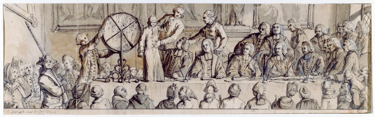 Losování loterie v Hotel de Ville, 1772 (pero, inkoust a mytí) od Claude Louis Desrais