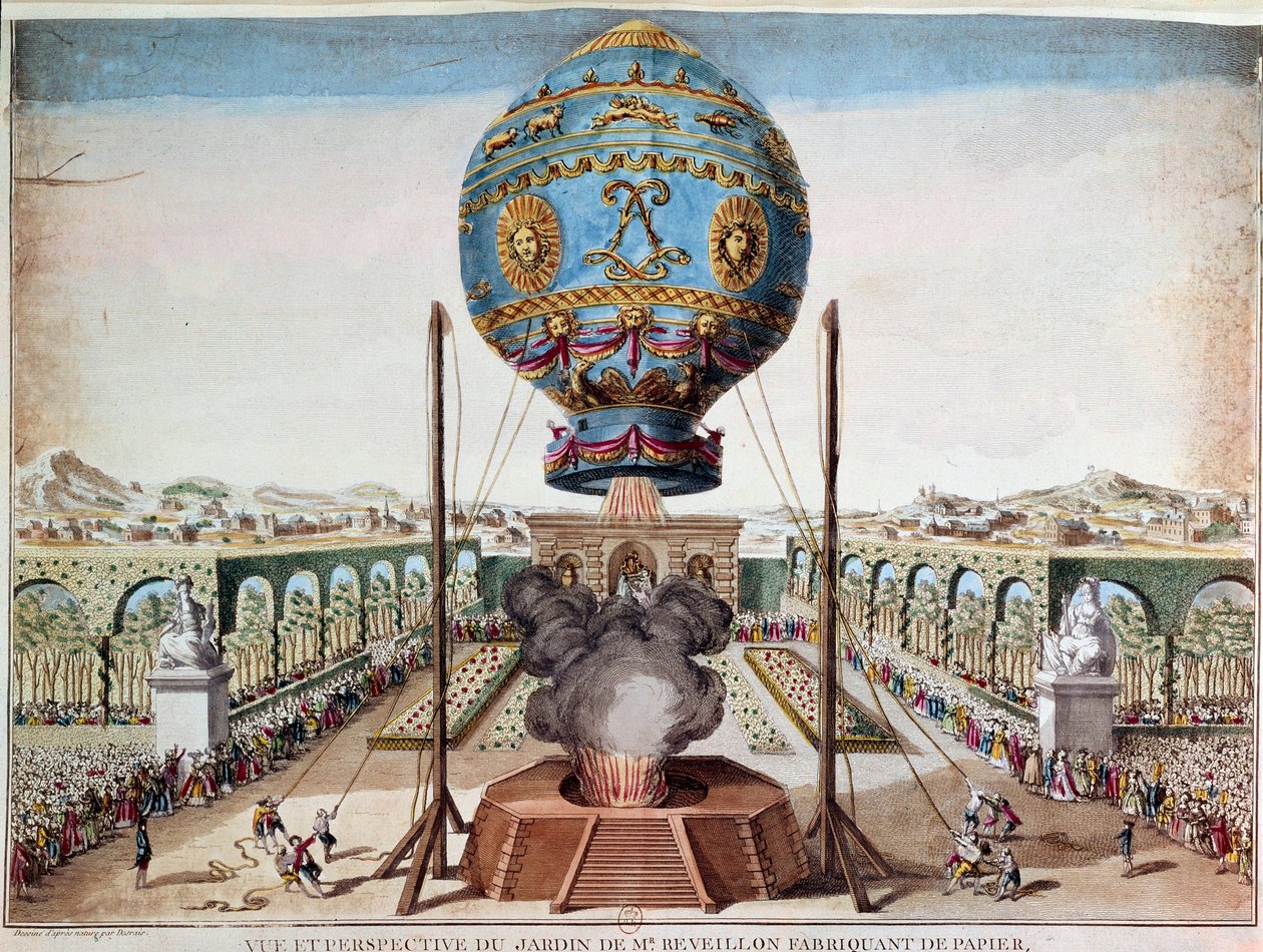 Zkušenost bratří Montgolfierů 19. října 1783 v zahradě Monsieur Reveillon, faubourg Saint Antoine v Paříži. Rytina Desrais Claude Louis Desrais (1746-1816) od Claude Louis Desrais