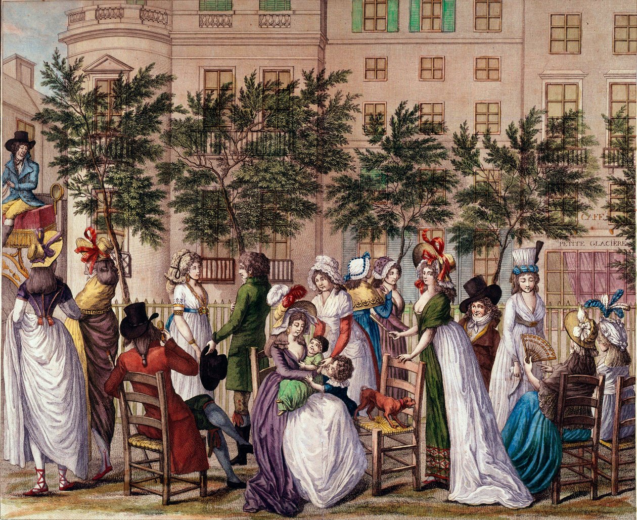 Móda pod vedením: „Le petit Coblenz“, promenáda Boulevard des Italians v Paříži. Litografie Claude Louis Desrais (1746-1816) 1798. Paříž, Musee Carnavalet od Claude Louis Desrais